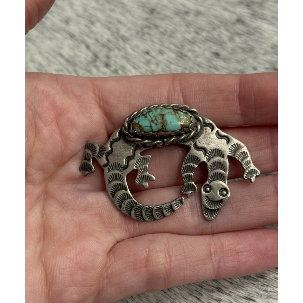 Native American Sterling Silver Turquoise Albert Jeanette Cleveland Lizard Pin